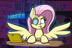 Size: 1280x853 | Tagged: safe, artist:heir-of-rick, part of a set, fluttershy, g4, female, impossibly large ears, leverage, magnifying glass, solo, tongue out