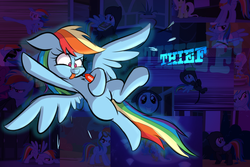 Size: 1280x853 | Tagged: safe, artist:heir-of-rick, part of a set, rainbow dash, g4, female, flying, gem, leverage, solo, stealing, tongue out