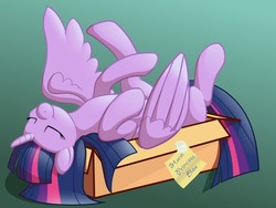 Size: 1280x960 | Tagged: safe, artist:nuka-kitty, artist:pon8d, twilight sparkle, alicorn, pony, g4, adorkable, behaving like a cat, box, cardboard box, collaboration, cute, digital art, dork, eyes closed, female, gradient background, green background, legs in air, lounging, majestic as fuck, on back, pony in a box, sign, simple background, sleeping, smiling, solo, sprawl, spread wings, twiabetes, twilight sparkle (alicorn)