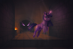 Size: 1000x675 | Tagged: safe, artist:elunian, twilight sparkle, pony, unicorn, g4, bottomless pit, chase, dungeon, eye mist, fan game, glowing eyes, leaping, magic, not king sombra, not sombra, not umbrum, scared, shadow creature, teleportation, torch, twilight escape, twilight's escape, unicorn twilight
