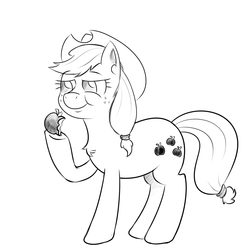 Size: 1000x1000 | Tagged: safe, artist:yakoshi, applejack, g4, apple, female, food, monochrome, newbie artist training grounds, solo