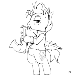 Size: 2000x2017 | Tagged: safe, artist:pabbley, blue note, pony, unicorn, g4, the fault in our cutie marks, animated, bipedal, epic sax guy, gif, high res, male, monochrome, musical instrument, playing instrument, saxophone, solo