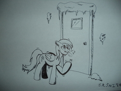 Size: 4608x3456 | Tagged: safe, artist:gogglespizano, derpy hooves, pegasus, pony, g4, atg 2016, female, high res, mare, monochrome, newbie artist training grounds, pen drawing, pencil drawing, snow, solo, traditional art