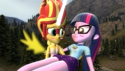 Size: 1360x768 | Tagged: safe, artist:mk513, sci-twi, sunset shimmer, twilight sparkle, equestria girls, g4, my little pony equestria girls: friendship games, my little pony equestria girls: legend of everfree, 3d, blushing, camping outfit, daydream shimmer, female, forest, glasses, gmod, lesbian, ship:sci-twishimmer, ship:sunsetsparkle, shipping