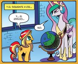 Size: 503x415 | Tagged: safe, idw, princess celestia, sunset shimmer, alicorn, pony, unicorn, g4, spoiler:comic, spanish, translated in the comments