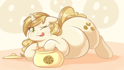 Size: 1938x1099 | Tagged: safe, artist:graphenescloset, sweet biscuit, pony, unicorn, ass up, belly, big belly, chubby, chubby cheeks, cookie, cookie jar, crumbs, cutie mark, fat, female, food, mare, one eye closed, simple background, solo, tongue out, weight gain, wink