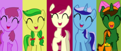 Size: 1920x811 | Tagged: safe, artist:kindraewing, apple fritter, berry punch, berryshine, minuette, roseluck, oc, earth pony, pony, unicorn, g4, apple family member