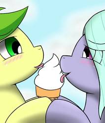 Size: 720x847 | Tagged: safe, artist:mansunkt, apple fritter, flitter, g4, apple family member, blushing, food, ice cream