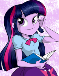 Size: 1024x1329 | Tagged: safe, artist:alligatorgummy, artist:lunchie, twilight sparkle, equestria girls, g4, my little pony equestria girls: rainbow rocks, abstract background, book, clothes, credits, cutie mark on clothes, eyebrows, eyebrows visible through hair, female, pleated skirt, shine like rainbows, skirt, solo, twilight sparkle (alicorn), updated
