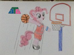 Size: 1024x768 | Tagged: safe, artist:don2602, pinkie pie, earth pony, pony, g4, basketball, basketball net, clothes, female, newbie artist training grounds, solo, traditional art, uniform