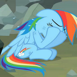 Size: 379x379 | Tagged: safe, screencap, rainbow dash, pegasus, pony, g4, may the best pet win, cropped, crying, cute, dashabetes, female, floppy ears, mare, sad, sitting, solo, stuck