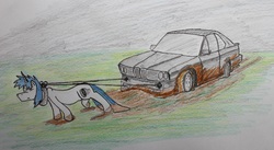 Size: 4704x2584 | Tagged: safe, artist:bumskuchen, oc, oc only, bmw, bmw 3-series, bmw e30, car, dirt, dirty, horse collar, newbie artist training grounds, pulling, solo, traditional art