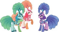 Size: 5612x3000 | Tagged: safe, artist:jeatz-axl, emerald flare, sapphire sequins, sunset circus, earth pony, pony, g4, viva las pegasus, absurd resolution, clothes, eyes closed, feather, female, headdress, laughing, mare, midriff, open mouth, performer, raised hoof, show mares, showgirl, simple background, transparent background, trio, unamused, vector