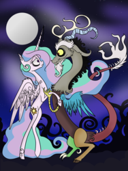 Size: 2448x3264 | Tagged: safe, artist:pigzfairy, discord, princess celestia, alicorn, draconequus, pony, g4, high res, horn, horn jewelry, jewelry, looking at each other, male, missing accessory, moon, night, ring, ship:dislestia, shipping, smiling, straight, style emulation, tim burton