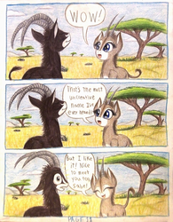 Size: 1076x1380 | Tagged: safe, artist:thefriendlyelephant, oc, oc only, oc:sabe, oc:uganda, antelope, giant sable antelope, comic:sable story, acacia tree, africa, animal in mlp form, comic, cute, grassland, horns, rock, savanna, speech bubble, traditional art, tree, wasted