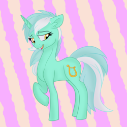 Size: 1200x1200 | Tagged: safe, artist:pigzfairy, lyra heartstrings, pony, unicorn, g4, abstract background, blushing, ear fluff, female, floppy ears, raised hoof, shy, solo