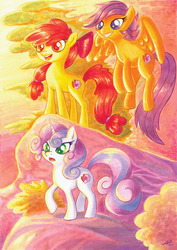 Size: 1280x1811 | Tagged: safe, artist:colourbee, apple bloom, scootaloo, sweetie belle, earth pony, pegasus, pony, unicorn, g4, copic, cutie mark, cutie mark crusaders, female, filly, flying, marker drawing, the cmc's cutie marks, traditional art, trio