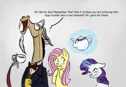 Size: 2837x1971 | Tagged: safe, artist:poecillia-gracilis19, discord, fluttershy, rarity, g4, angry, clothes, costume, dialogue, food, monocle, prehensile tail, rarity is not amused, tail hold, tea, teapot, this will end in pain, trio, unamused