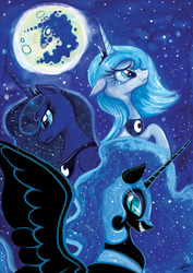Size: 1280x1810 | Tagged: safe, artist:colourbee, nightmare moon, princess luna, alicorn, pony, g4, looking at you, lunar trinity, mare in the moon, moon, s1 luna, three luna moon, three wolf moon, traditional art, watercolor painting