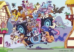 Size: 1280x905 | Tagged: safe, artist:colourbee, ace point, apple bloom, berry punch, berryshine, bon bon, button mash, cheese sandwich, coco pommel, derpy hooves, diamond tiara, dj pon-3, doctor whooves, gummy, hayseed turnip truck, hugh jelly, jumpy the shark, kevin, lyra heartstrings, maud pie, minuette, neon lights, octavia melody, pipsqueak, pokey pierce, princess luna, rising star, scootaloo, sea swirl, seafoam, starlight glimmer, sweetie belle, sweetie drops, thunderlane, time turner, trixie, vinyl scratch, zecora, pegasus, pony, shark, zebra, g4, slice of life (episode), balcony, balloon, balloon animal, building, cello, clothes, colt, couch, cutie mark crusaders, female, filly, foal, holding on, holding on for dear life, jumping the shark, male, mare, musical instrument, party balloon, propeller hat, pun, scarf, scene interpretation, stallion, sunglasses, wubcart