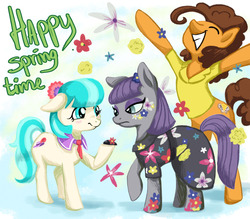 Size: 1280x1122 | Tagged: safe, artist:colourbee, boulder (g4), cheese sandwich, coco pommel, maud pie, g4, bodypaint, flower, flower in hair, flower in tail, spring