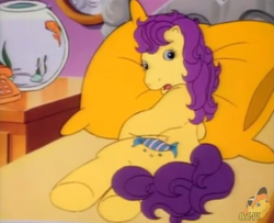 Size: 657x533 | Tagged: safe, screencap, bon bon (g1), earth pony, goldfish, pony, g1, my little pony tales, bed, female, fishbowl, lying down, mare, out of context, pillow, underhoof