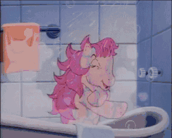 Size: 432x348 | Tagged: safe, screencap, patch (g1), earth pony, pony, g1, my little pony tales, adorasexy, animated, bath, bathing, bubble, cute, eyes closed, female, gif, loop, open mouth, shower, solo, towel