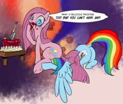 Size: 2475x2079 | Tagged: safe, artist:pencils, pinkie pie, rainbow dash, earth pony, pegasus, pony, g4, party of one, asshat, butt, cake, candy, dialogue, dock, duo, female, food, high res, knife, licking, lollipop, looking down, mare, not blood, pinkamena diane pie, pinned, plot, rainbowseat, sitting, sitting on head, sitting on pony, speech bubble, table, tongue out, underhoof