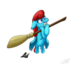 Size: 6197x5439 | Tagged: safe, artist:tsand106, oc, oc only, oc:blue sing, pegasus, pony, absurd resolution, broom, flying, flying broomstick, hat, scared, simple background, solo, transparent background, wide eyes, witch hat