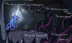 Size: 2000x1200 | Tagged: safe, artist:seventozen, princess luna, oc, oc:parthus, g4, bed, magic, the exulansis project