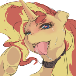 Size: 512x512 | Tagged: safe, artist:senpainooshiri, sunset shimmer, pony, unicorn, g4, choker, drool, drool string, female, heart eyes, mare, open mouth, simple background, sketch, solo, spiked choker, sweat, tongue out, wingding eyes