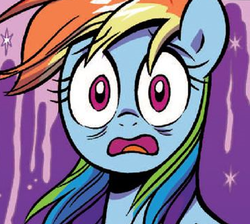 Size: 362x324 | Tagged: safe, idw, rainbow dash, pegasus, pony, g4, cropped, female, mare, open mouth, reaction image, shocked, solo