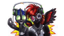 Size: 1920x1080 | Tagged: safe, artist:reptilecynrik, oc, oc only, oc:flik, oc:hazard, oc:hazard redmane, changeling, changeling oc, drawing, goggles, listening, listening to music, male, music, sharing, sharing headphones, stallion, stripes, traditional art