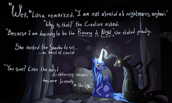 Size: 2000x1200 | Tagged: safe, artist:seventozen, princess luna, oc, oc:parthus, g4, bed, magic, the exulansis project, younger