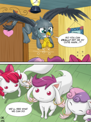 Size: 1171x1567 | Tagged: safe, artist:crimsonbugeye, apple bloom, gabby, scootaloo, sweetie belle, griffon, g4, the fault in our cutie marks, colored pupils, comic, crossover, cute, cutie mark crusaders, deal with the devil, debate in the comments, diasweetes, emotionless, gabbybetes, incubator (species), it's a trap, kyubey, puella magi madoka magica, pure unfiltered evil, species swap, this will end in tears and/or death, xk-class end-of-the-world scenario