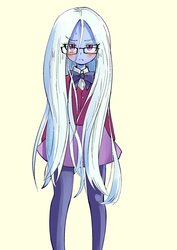 Size: 1447x2039 | Tagged: safe, artist:unousaya, sugarcoat, equestria girls, g4, alternate hairstyle, blushing, clothes, crystal prep academy uniform, eye clipping through hair, female, glasses, long hair, looking at you, loose hair, pantyhose, profile, school uniform, simple background, skirt, solo, sugarcute, uniform ribbon