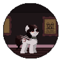 Size: 894x894 | Tagged: safe, artist:airimuffins, oc, oc only, oc:sickle cell, bat pony, pony, collar, picture frame, pixel art