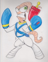 Size: 1672x2160 | Tagged: safe, artist:scribblepwn3, pony, colored pencil drawing, crossover, earthpone jim, earthworm jim, pen drawing, ray gun, solo, standing, traditional art