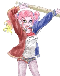 Size: 635x800 | Tagged: safe, artist:invisibleone11, pinkie pie, equestria girls, g4, baseball bat, clothes, clothes swap, cosplay, costume, cutie mark, cutie mark on equestria girl, dc comics, harley quinn, midriff, pinkie quinn, simple background, suicide squad, white background