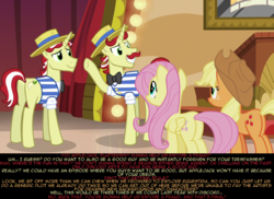 Size: 1280x934 | Tagged: safe, screencap, applejack, flam, flim, fluttershy, earth pony, pegasus, pony, unicorn, g4, my little pony: friendship is magic, viva las pegasus, butt, explore equestria, female, flim flam brothers, horn, mare, plot, psyga's alternate pony scenes