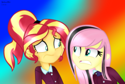 Size: 1958x1318 | Tagged: safe, artist:yulianapie26, fluttershy, sunset shimmer, equestria girls, g4, angry, clothes swap, duo, duo female, female, frown, gritted teeth, looking at each other, nervous