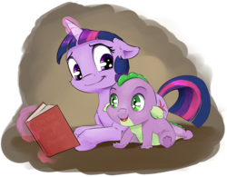 Size: 889x694 | Tagged: safe, artist:silfoe, spike, twilight sparkle, dragon, pony, unicorn, royal sketchbook, g4, baby, baby dragon, baby spike, book, book parody, charles darwin, cute, female, filly, filly twilight sparkle, magic, male, on the origin of species, open mouth, silfoe is trying to murder us, sitting, smiling, spikabetes, twiabetes, unicorn twilight, younger