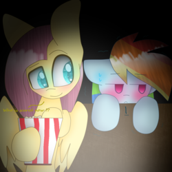 Size: 1024x1024 | Tagged: safe, artist:noxymlp, fluttershy, rainbow dash, pony, g4, blushing, duo, female, food, lesbian, mare, popcorn, ship:flutterdash, shipping