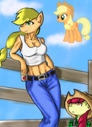 Size: 1100x1511 | Tagged: safe, artist:leonardofrei, apple bloom, applejack, earth pony, anthro, g4, abs, belly button, cider, clothes, fence, jeans, midriff, pants, soda can, tank top
