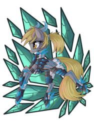 Size: 900x1200 | Tagged: safe, artist:raptor007, derpy hooves, pegasus, pony, g4, alternate hairstyle, armor, female, mare, ponytail, solo