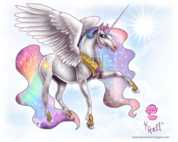 Size: 1215x972 | Tagged: safe, artist:the-cynical-unicorn, princess celestia, horse, g4, female, solo, spread wings, unshorn fetlocks, watermark