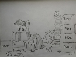 Size: 2048x1536 | Tagged: safe, artist:mopar96, spike, twilight sparkle, g4, book, box, glowing horn, horn, levitation, magic, monochrome, newbie artist training grounds, telekinesis, traditional art