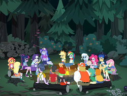 Size: 712x534 | Tagged: safe, screencap, applejack, bulk biceps, derpy hooves, drama letter, flash sentry, fluttershy, pinkie pie, princess luna, rainbow dash, rarity, sci-twi, snails, snips, spike, spike the regular dog, sunset shimmer, timber spruce, trixie, twilight sparkle, vice principal luna, watermelody, dog, equestria girls, g4, my little pony equestria girls: legend of everfree, axe, background human, campfire, converse, humane five, humane seven, humane six, layering error, shoes, weapon, wood