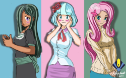 Size: 3336x2052 | Tagged: dead source, safe, artist:penspark, coco pommel, fluttershy, marble pie, human, g4, blushing, breasts, busty coco pommel, busty fluttershy, clothes, cocobetes, cute, cutegirls, dark skin, female, high res, humanized, looking at you, marblebetes, moderate dark skin, shyabetes, signature, smiling, sweater, sweatershy, the council of shy ponies, trio