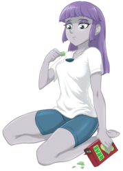 Size: 600x840 | Tagged: safe, artist:ta-na, boulder (g4), maud pie, equestria girls, g4, barefoot, box, clothes, feet, female, pet food, rock, shirt, shorts, simple background, solo, white background